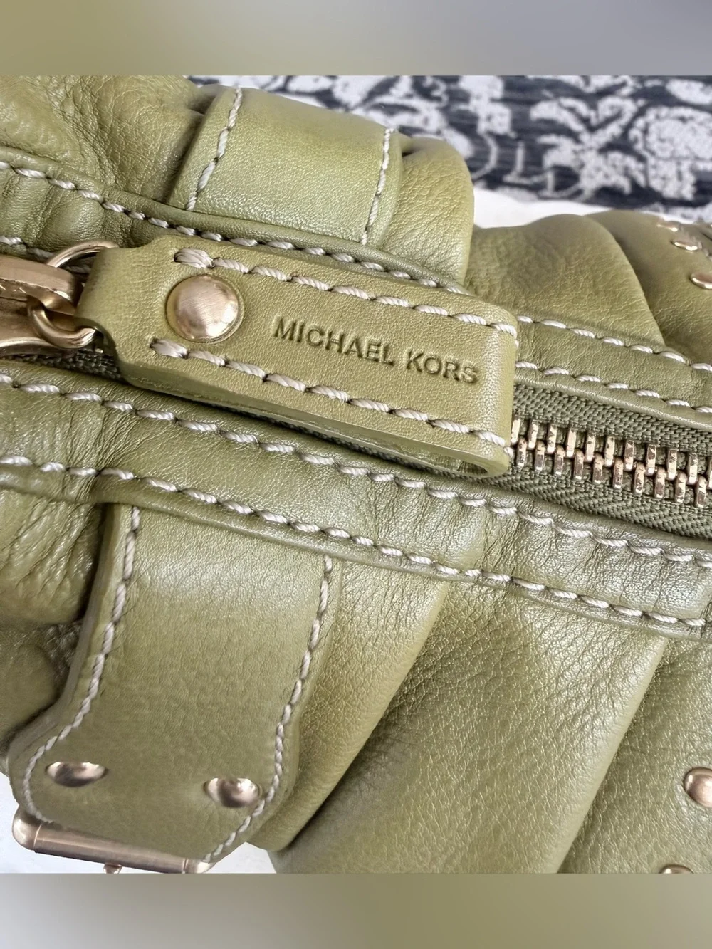Michael Kors Olive Green Leather Studded Hobo Shoulder Bag